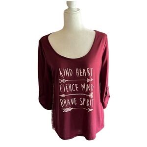 About A Girl Burgundy Graphic Print Strappy Sleeves Knit Top Size L